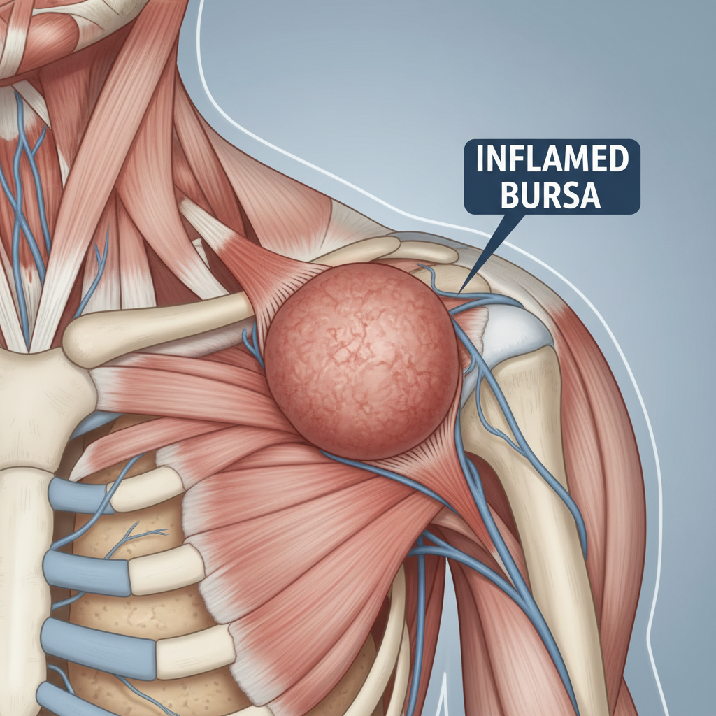 Bursitis showing inflamed bursa sac near shoulder joint