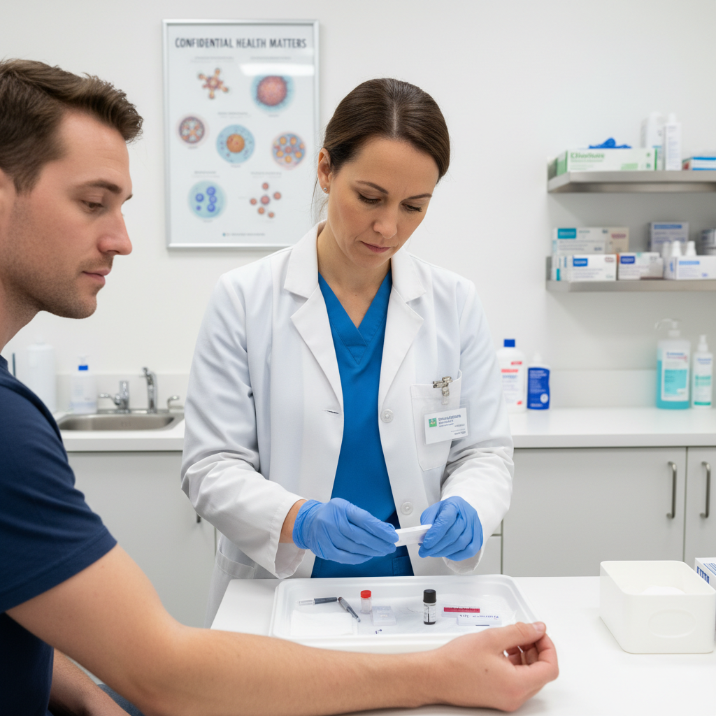 Medical professional conducting confidential HIV testing and sexual health screening