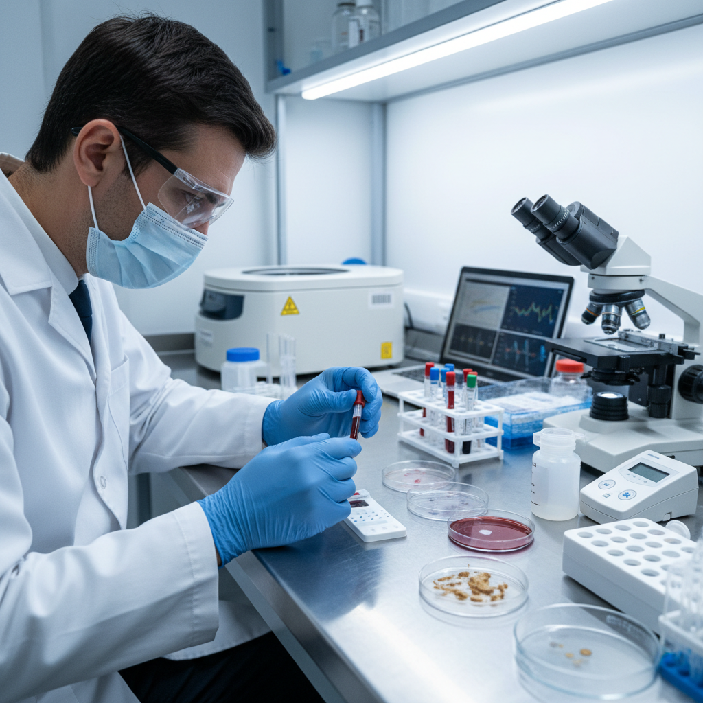Medical laboratory technician conducting diagnostic blood tests and stool analysis for IBS patient assessment