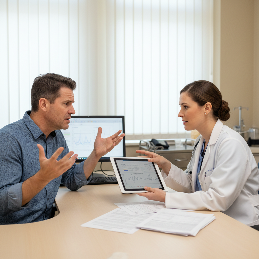 Medical consultation showing doctor discussing erectile dysfunction treatment plan with patient in private consultation room at Dr. Monga Clinic