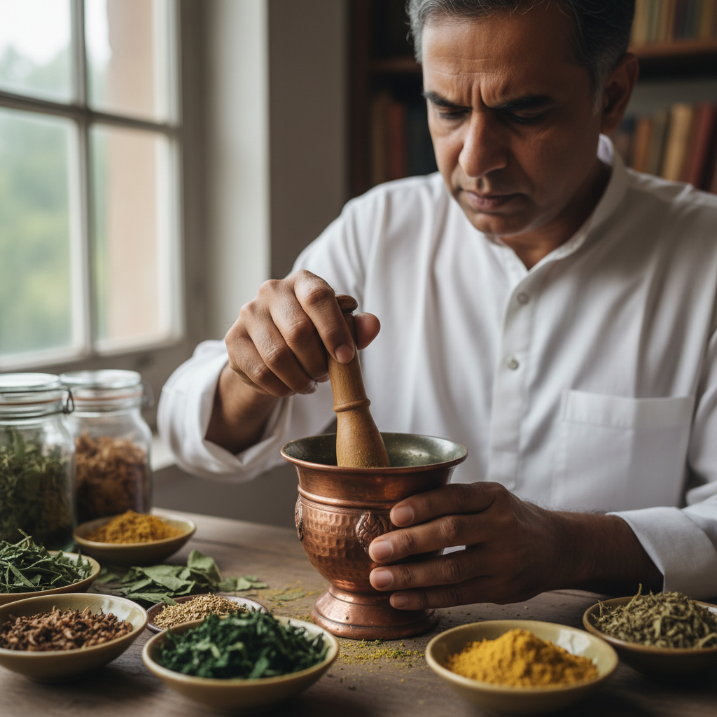 Experienced Ayurvedic doctor preparing personalized herbal medicine formulation for IBS treatment at clinic