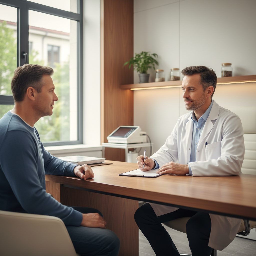 Doctor conducting follow-up consultation for erectile dysfunction treatment progress monitoring at Dr. Monga Clinic