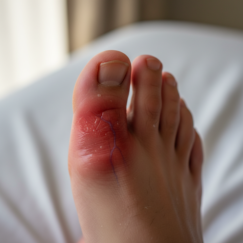 Gout attack showing uric acid crystal deposits in big toe joint