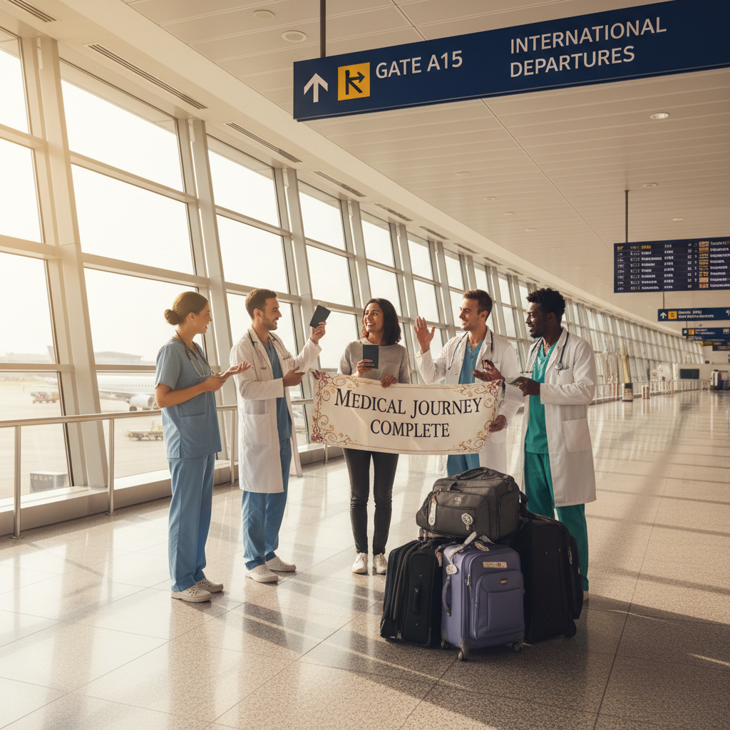 Happy patient showing improvement after successful IBS treatment during follow-up consultation with medical team