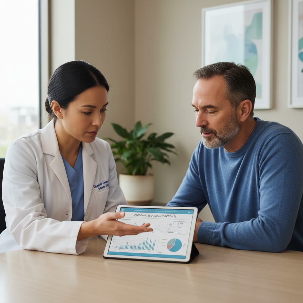 Experienced gastroenterologist consulting with IBS patient in private consultation room with medical charts