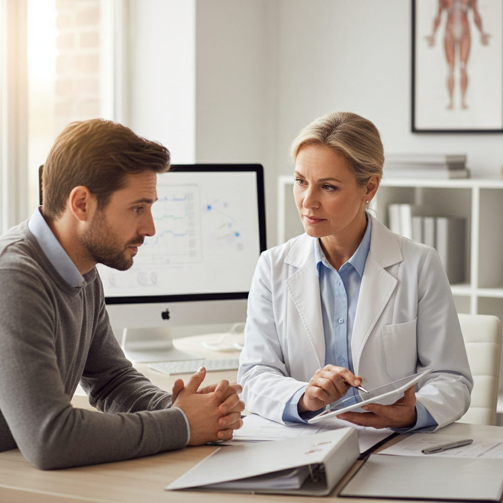 Experienced gastroenterologist conducting detailed patient consultation reviewing medical history and IBS symptoms