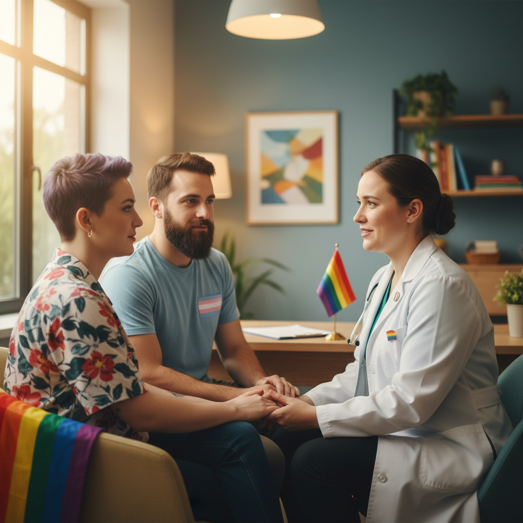 Doctor speaking respectfully with LGBTQ+ patients in a calm, well-lit clinic