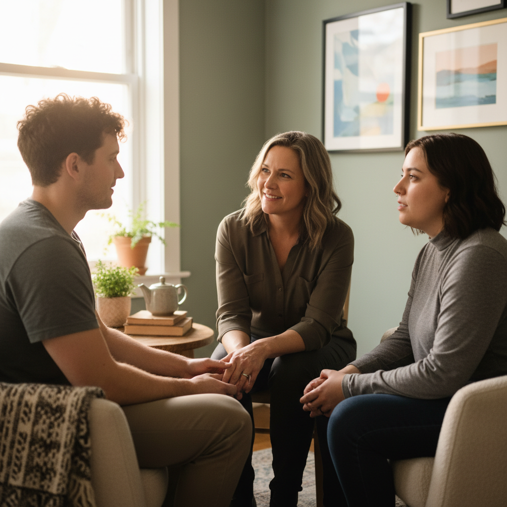 Compassionate counselling session with LGBTQ+ couple in a private, safe environment