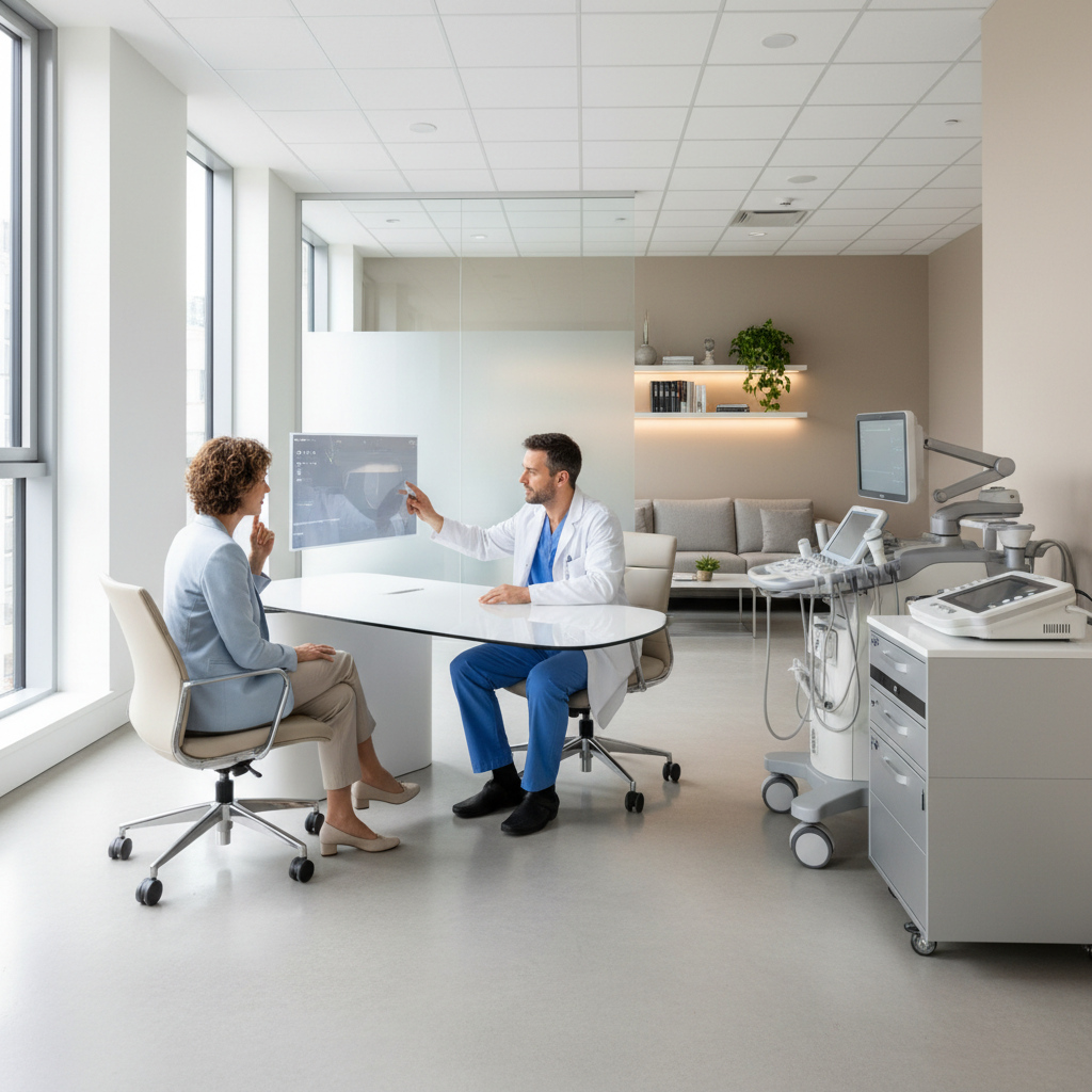 Modern diagnostic setup and private medical consultation room