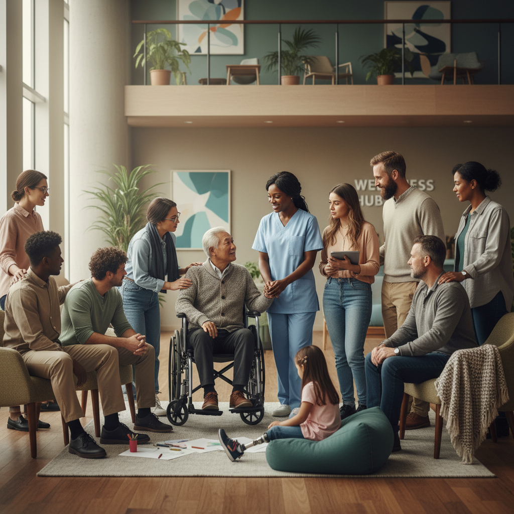 Diverse group of people in a supportive healthcare environment representing LGBTQ+ community