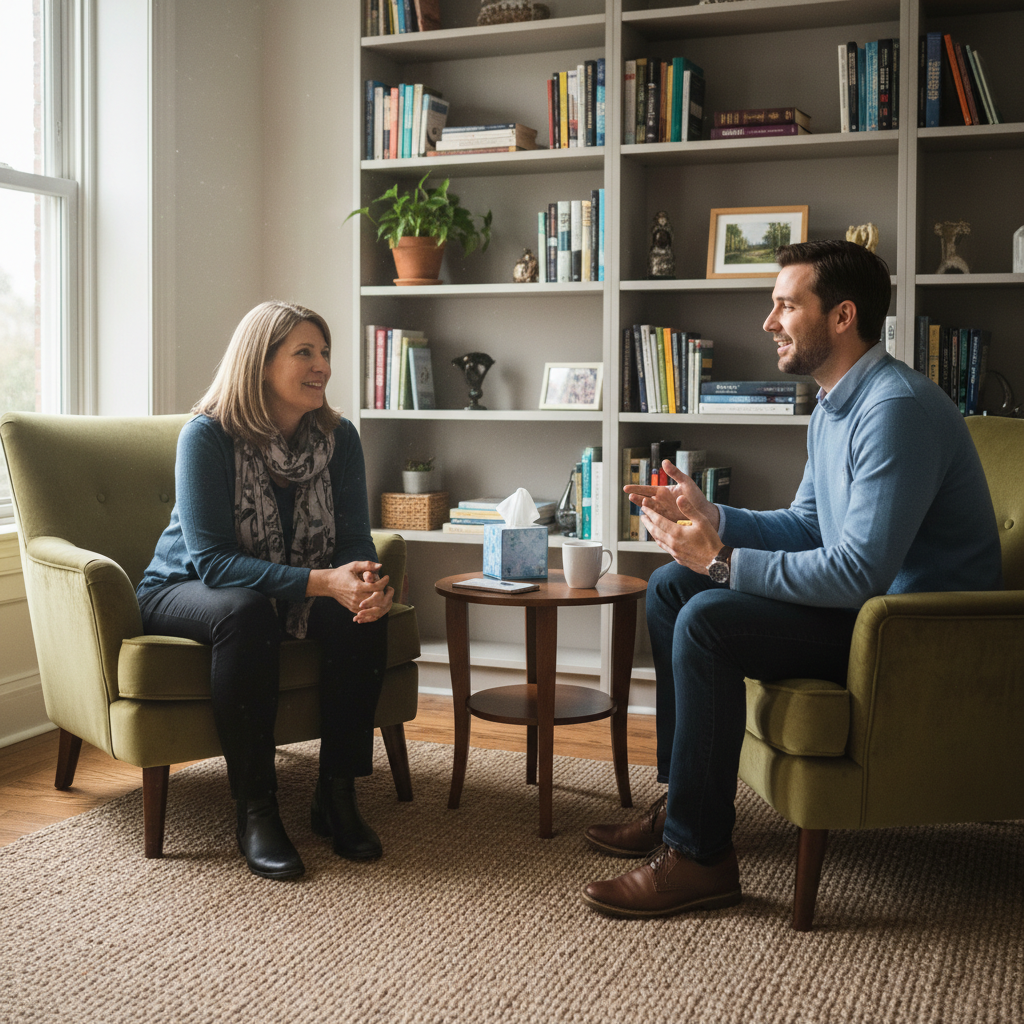 Counsellor and patient having a supportive therapy session in a comfortable office