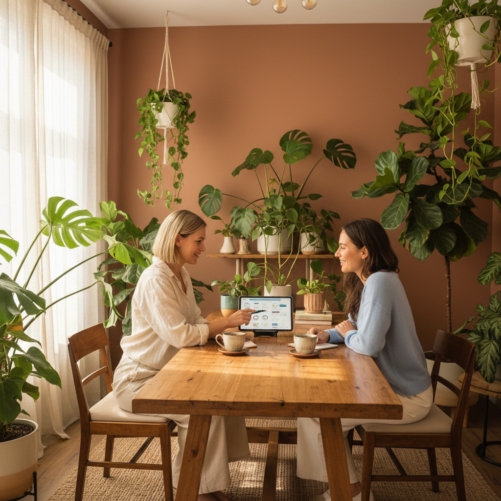 Therapist and patient in a comfortable counselling session with plants and warm lighting