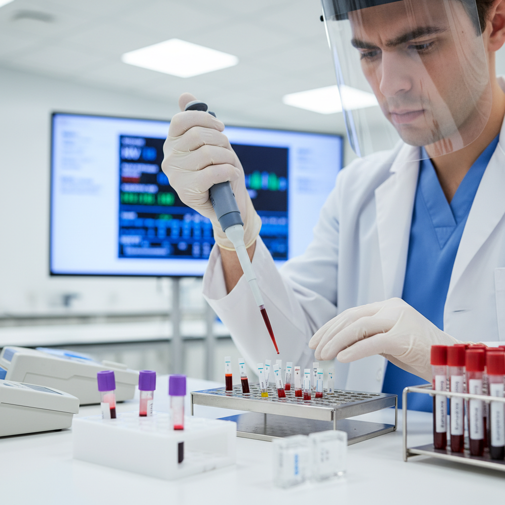 Laboratory technician conducting HIV and STD diagnostic tests in a modern lab