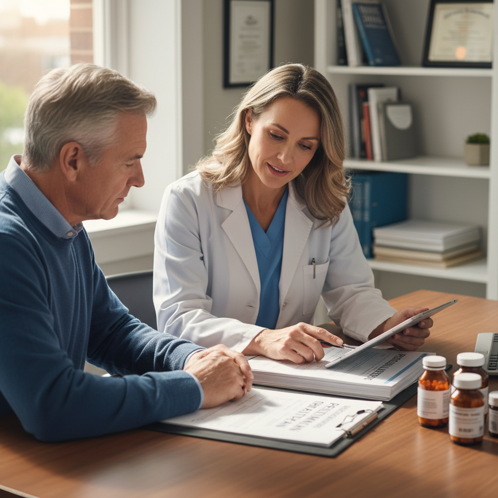 Doctor reviewing personalized treatment plan with patient showing medication and care protocol
