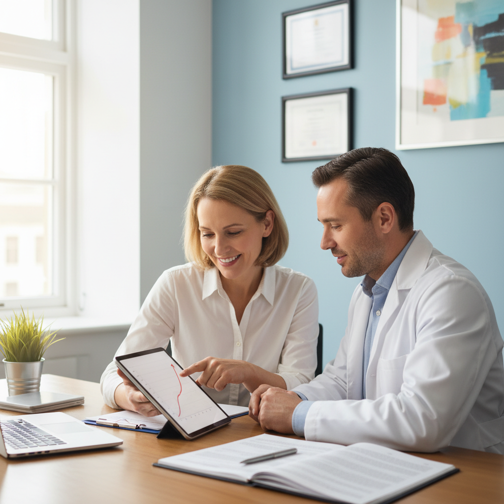 Patient and doctor in a follow-up care session reviewing treatment progress with positive outcome