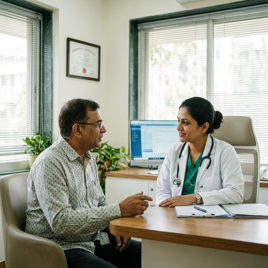 Doctor examining patient with liver symptoms