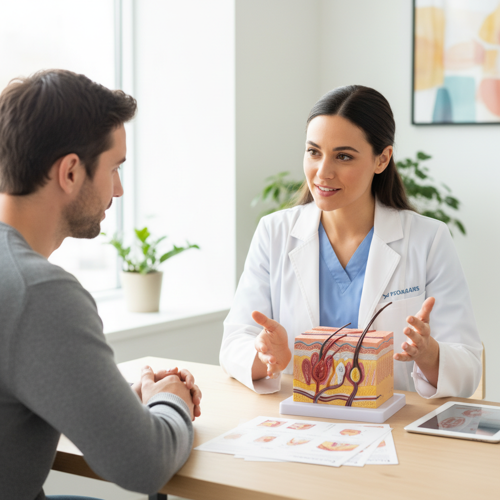 Doctor explaining personalized IBS treatment plan to patient with prescription and diet chart in consultation room
