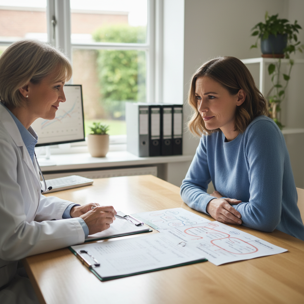 Experienced female doctor consulting patient about piles treatment options in comfortable clinic setting