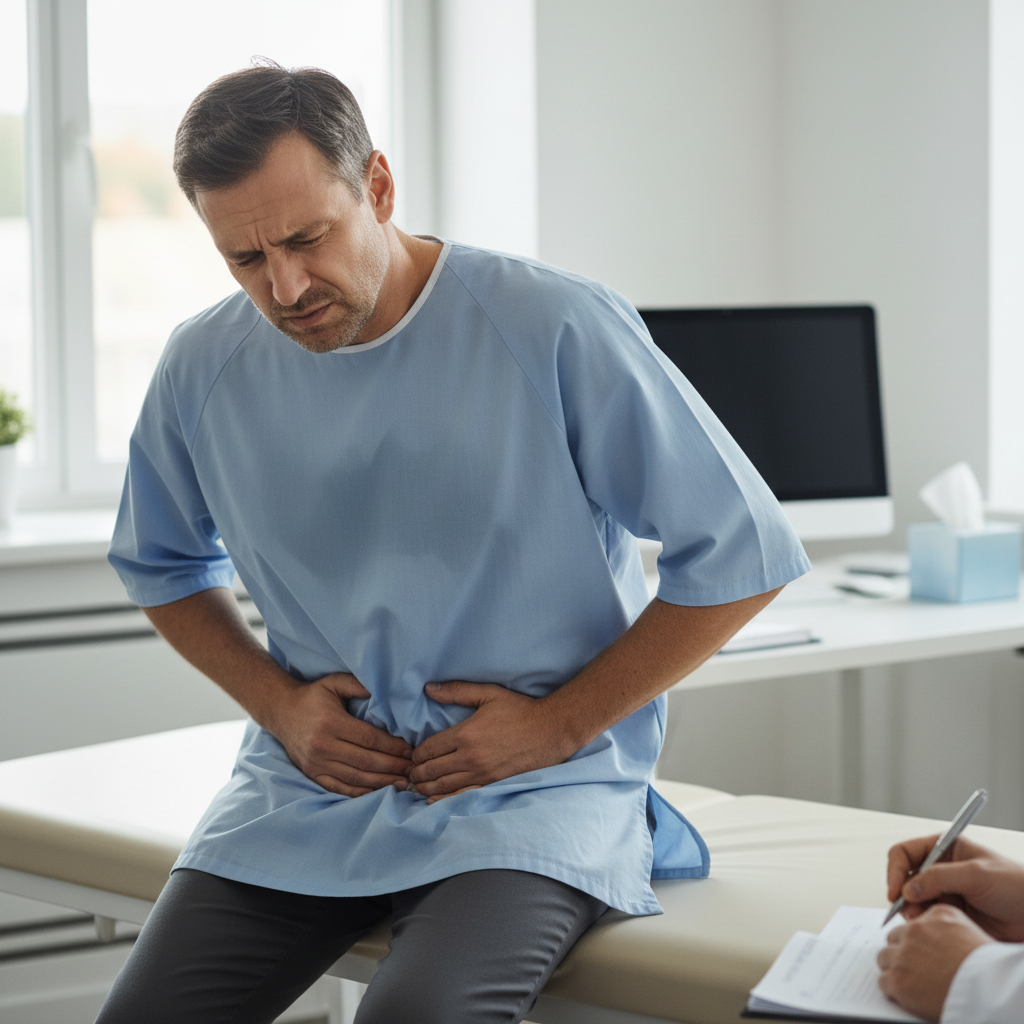 Patient experiencing piles pain during initial consultation at Dr. Monga clinic