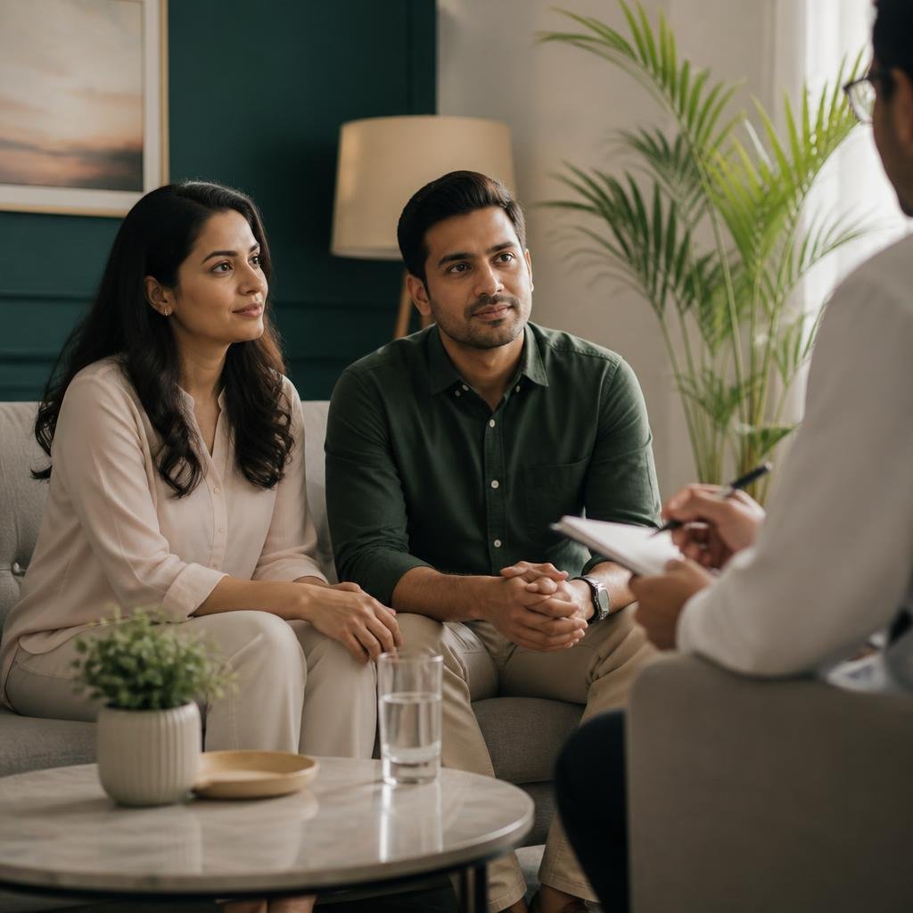 Couple speaking with a doctor during a confidential consultation