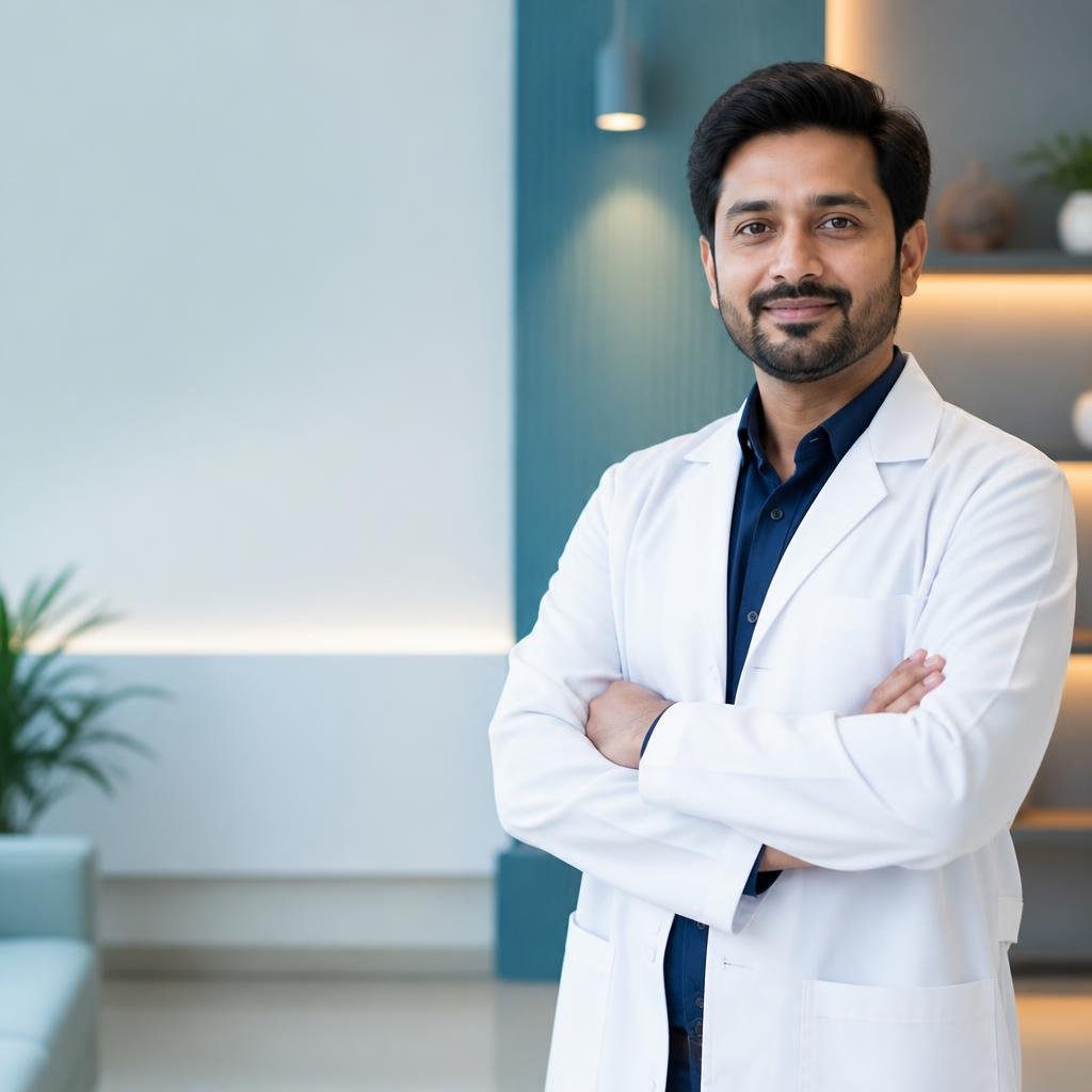Dr. Yuvraj Monga in a white coat at the clinic