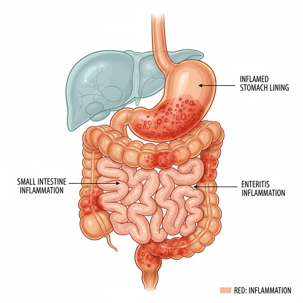 Medical illustration showing digestive system highlighting large intestine affected by IBS symptoms
