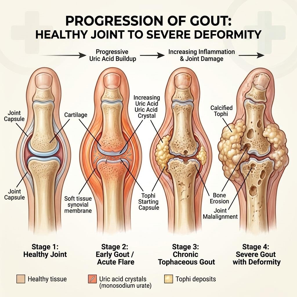 Progression of gout from healthy joint to severe deformity