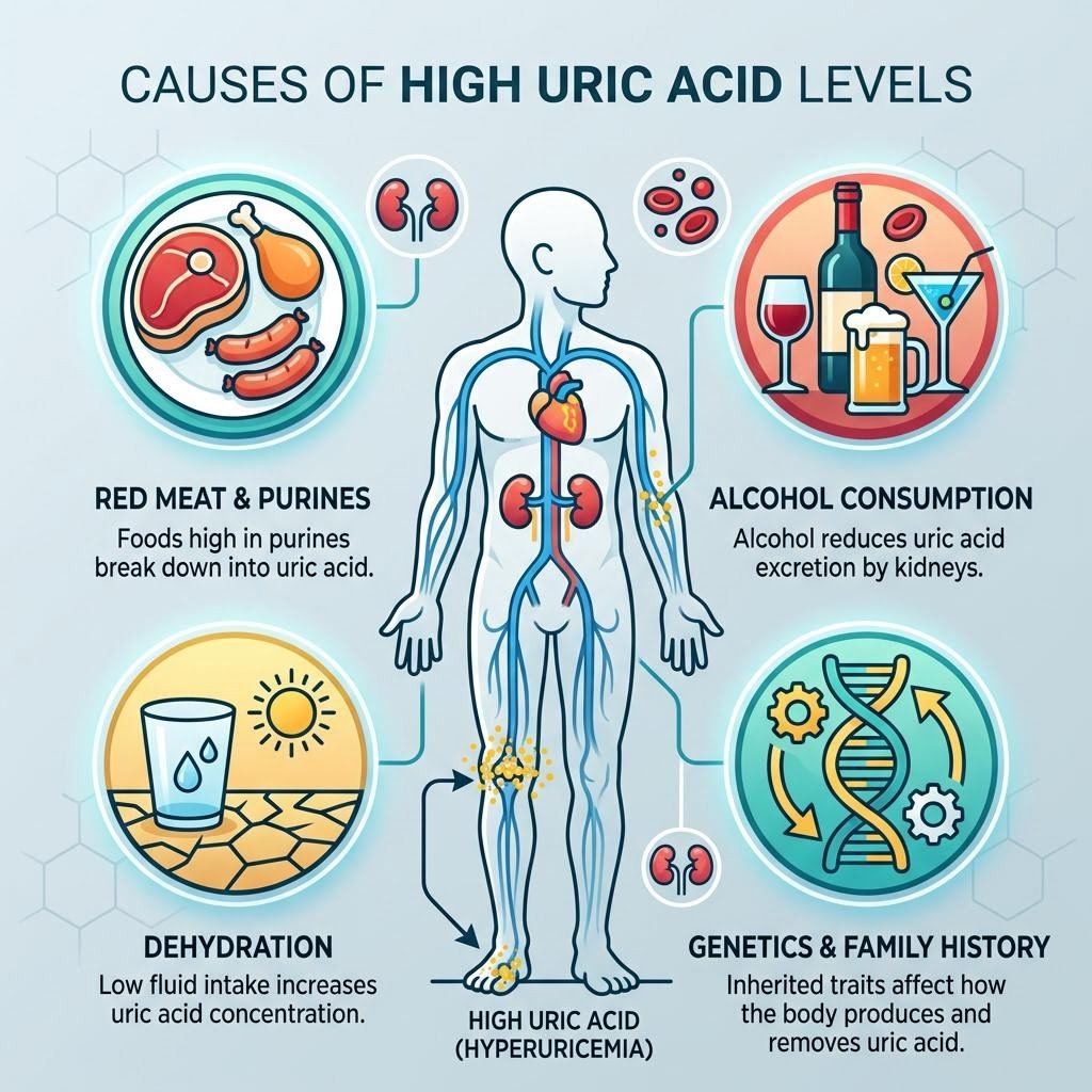 Icons showing causes of high uric acid like diet, alcohol and genetics