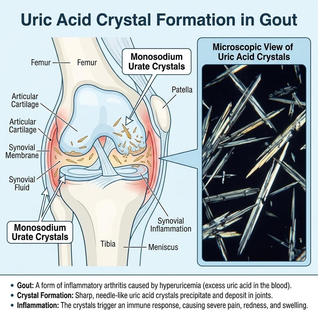 Medical illustration of sharp uric acid crystals forming in a joint space