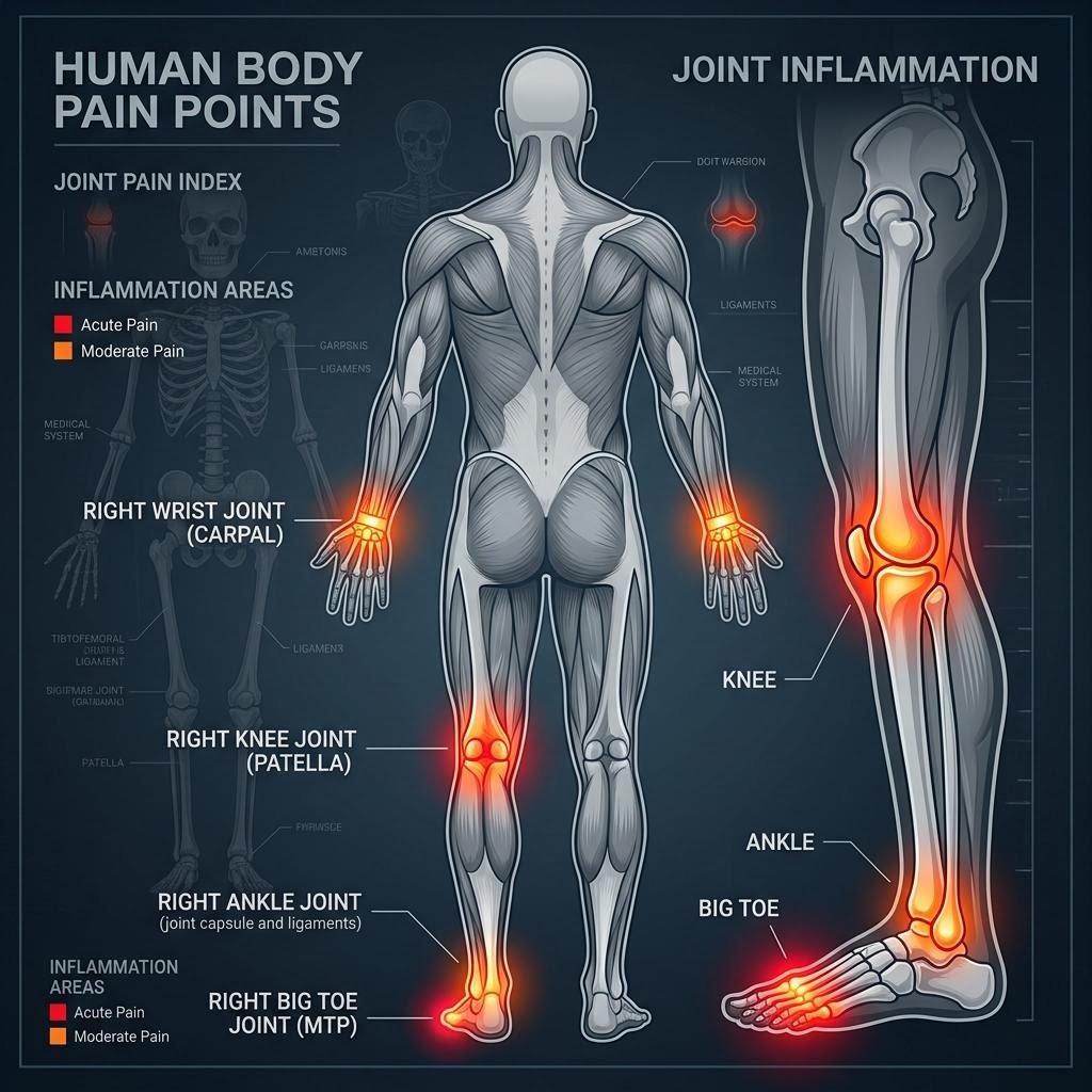 Human body outline highlighting uric acid joint pain points like big toe, ankle and knee